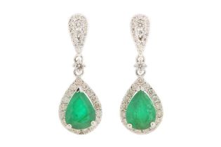 A PAIR OF EMERALD AND DIAMOND PENDENT EARRINGS