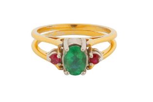 A SAPPHIRE, EMERALD, RUBY AND DIAMOND REVERSIBLE RING