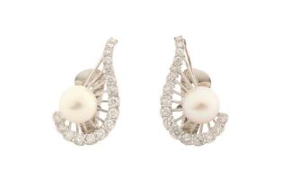 A PAIR OF CULTURED PEARL AND DIAMOND EARRINGS