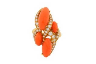 A CORAL AND DIAMOND RING