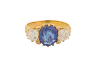 A THREE-STONE SAPPHIRE AND DIAMOND RING