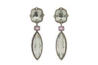 A PAIR OF PRASIOLITE, PINK SAPPHIRE AND DIAMOND EARRINGS