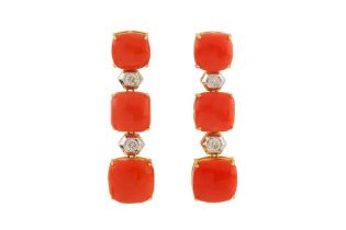 A PAIR OF CORAL AND DIAMOND DROP EARRINGS