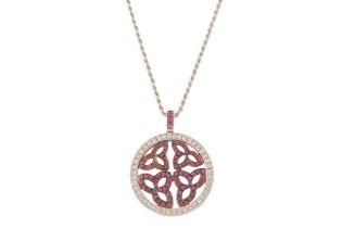 A DIAMOND AND PINK SAPPHIRE PENDANT AND CHAIN