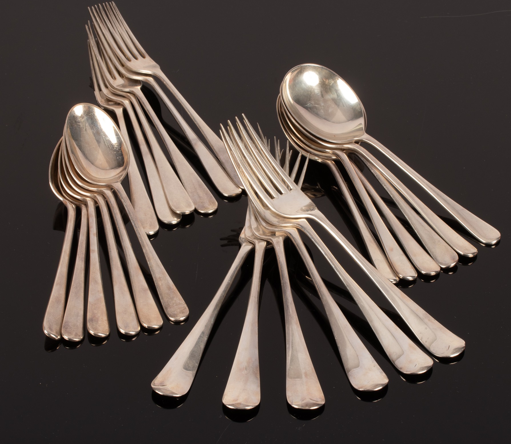 A part canteen of rattail pattern silver flatware, Elkington & Co. Ltd.