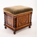 A Victorian rosewood and inlaid boxwood box top piano stool with upholstered seat,