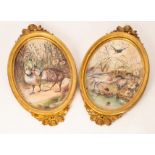 WJ Thomas, two painted earthenware oval plaques, one with a pair of partridges,