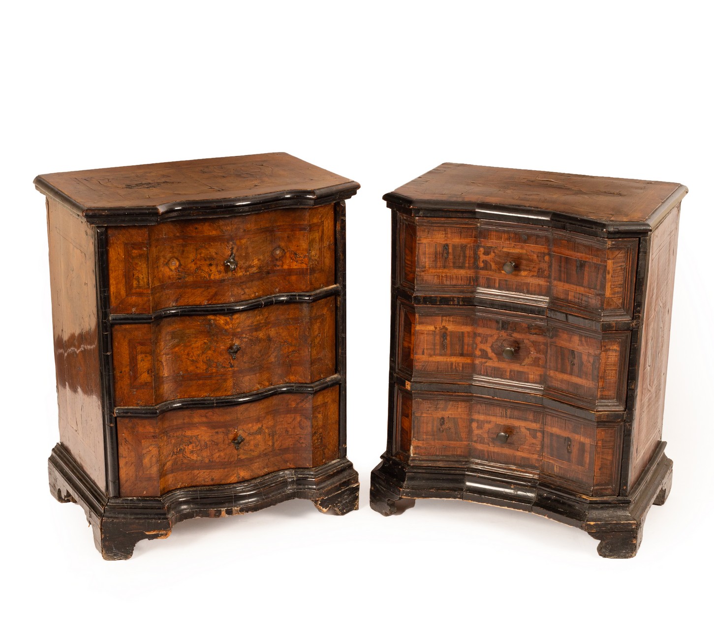 Two 18th Century Italian pedestal chests, veneered, crossbanded and strung in walnut and box wood,