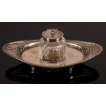 A Victorian silver inkstand with cut glass inkwell, HA, Sheffield 1896, 20cm wide,