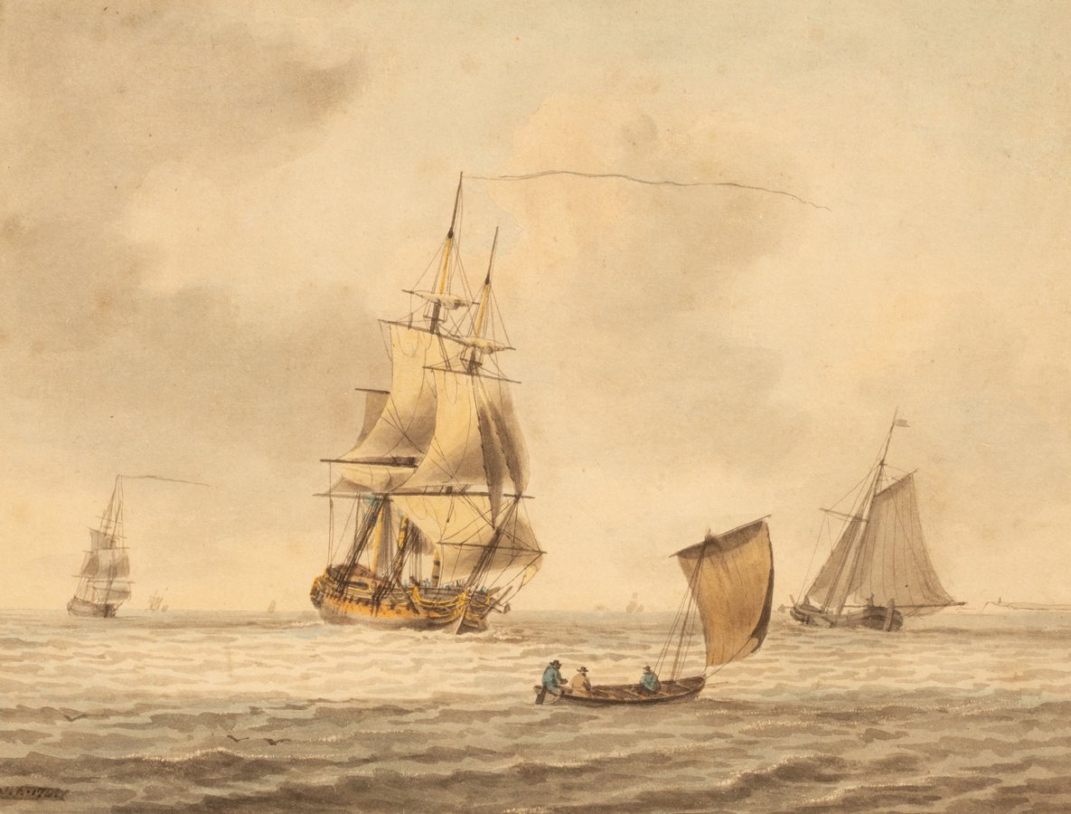 William Anderson (1757-1837)/Shipping off the Coast with Man O' War/initialled and dated