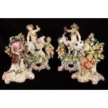 A pair of Bow style figure groups of Summer and Autumn on a sheep and goat,
