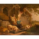 After George Morland/Man and Child/with pig and dog outside the sty/oil on canvas,