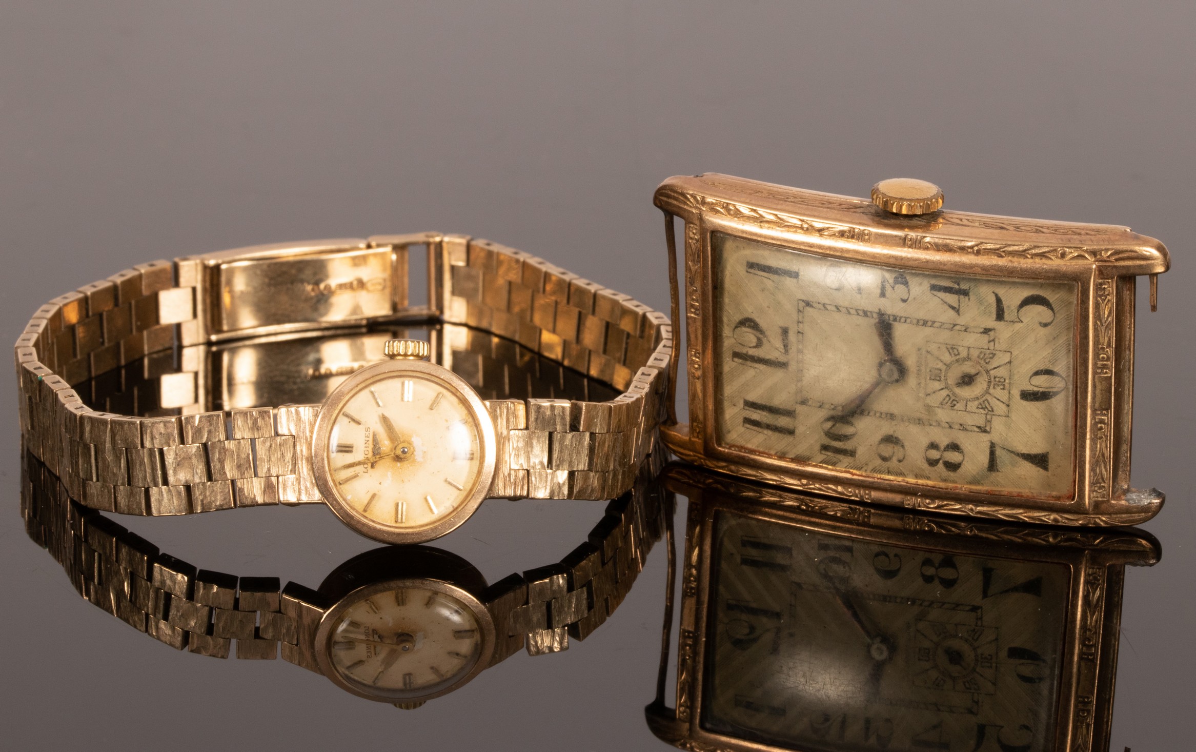 A lady's 9ct gold cased Longines cocktail watch, on a 9ct gold brick-link bracelet,