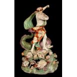 A Derby figure of Neptune, modelled on a dolphin and raised on a shell encrusted base,