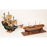 A wooden model of a three-master ship, 75cm long and a model galleon,
