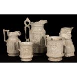 Five saltware jugs, decorated figures in relief,