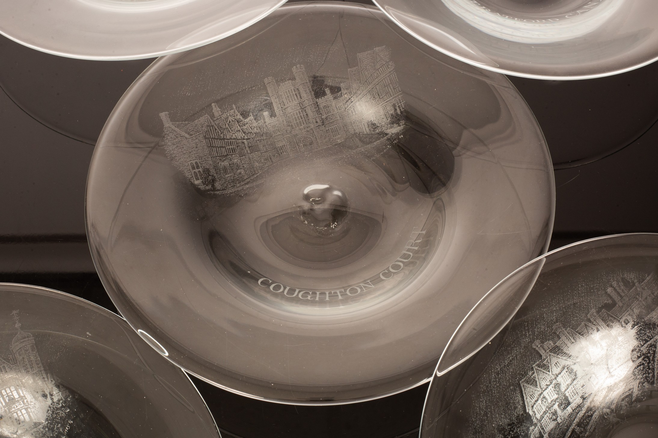 Six circular glass dishes engraved with scenes of National Trust properties, Charlecote Park, - Image 2 of 2