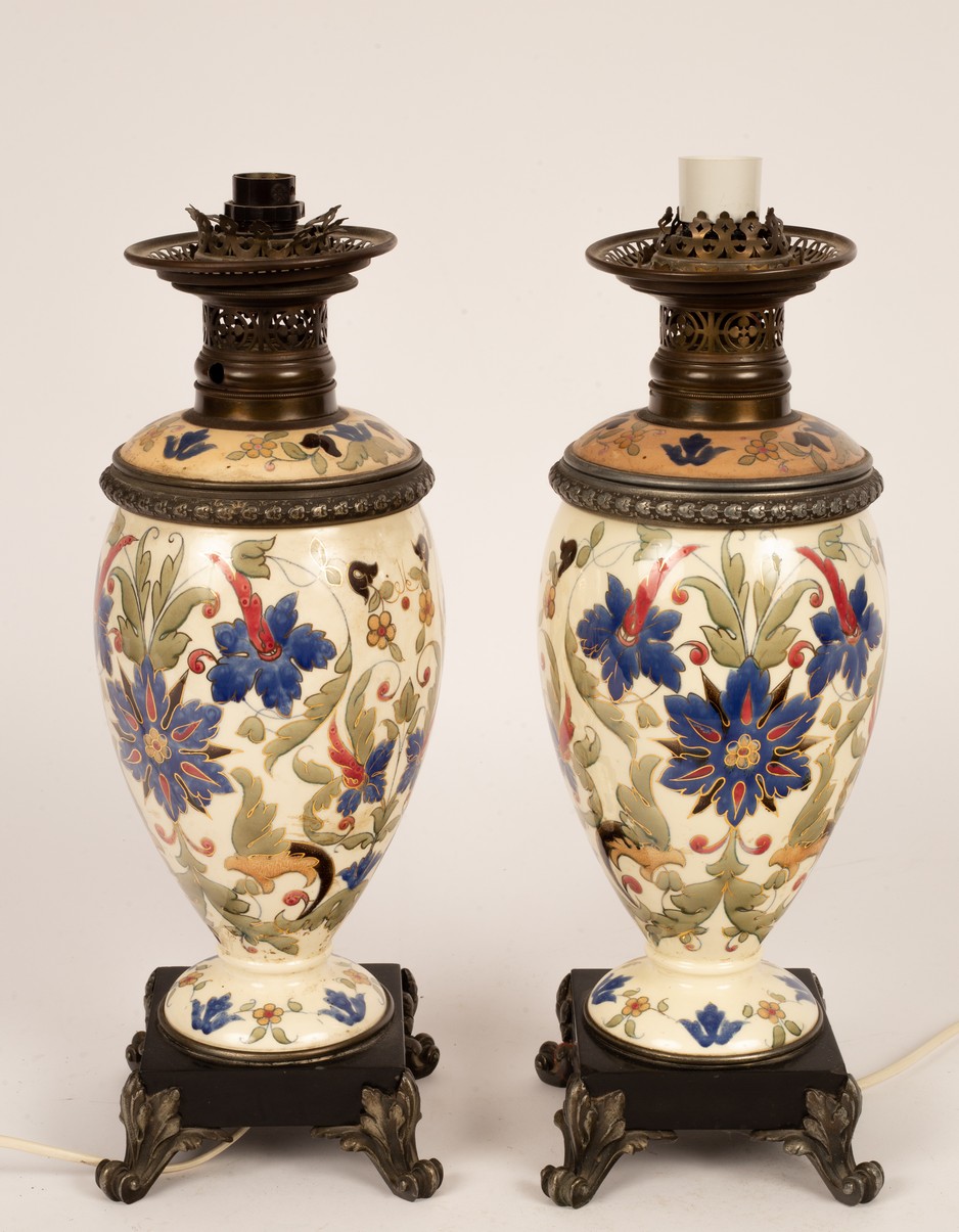 A pair of Victorian pottery table lamps, converted from oil lamps,