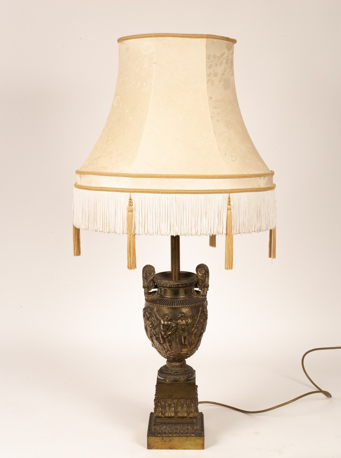 A Victorian style brass table lamp, of Classical twin-handled urn form,