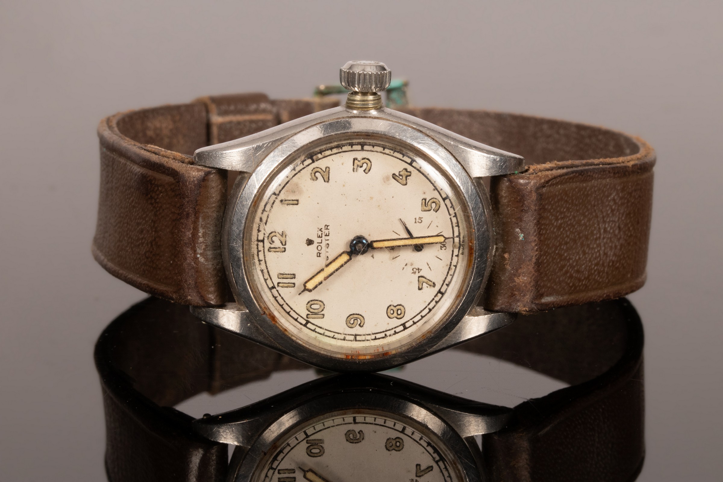 A Rolex Oyster wristwatch, circa 1940s, steel case on leather strap,