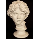 A classical plaster bust by D Brucciani & Co, London, of a young man upon a round socle plinth,