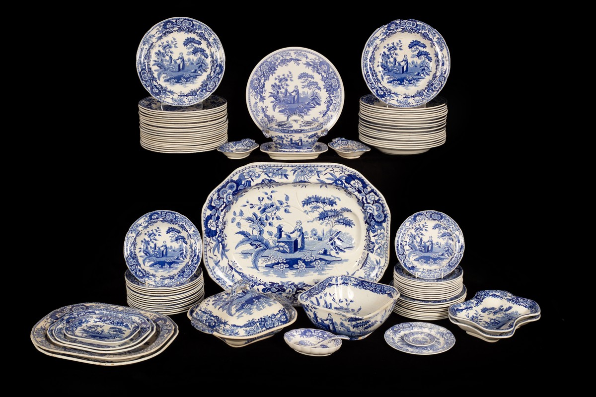 A Heath pottery Girl at the Well pattern part dinner service, comprising a tree and well meat plate,