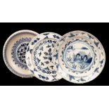 Three delftware blue and white chargers,