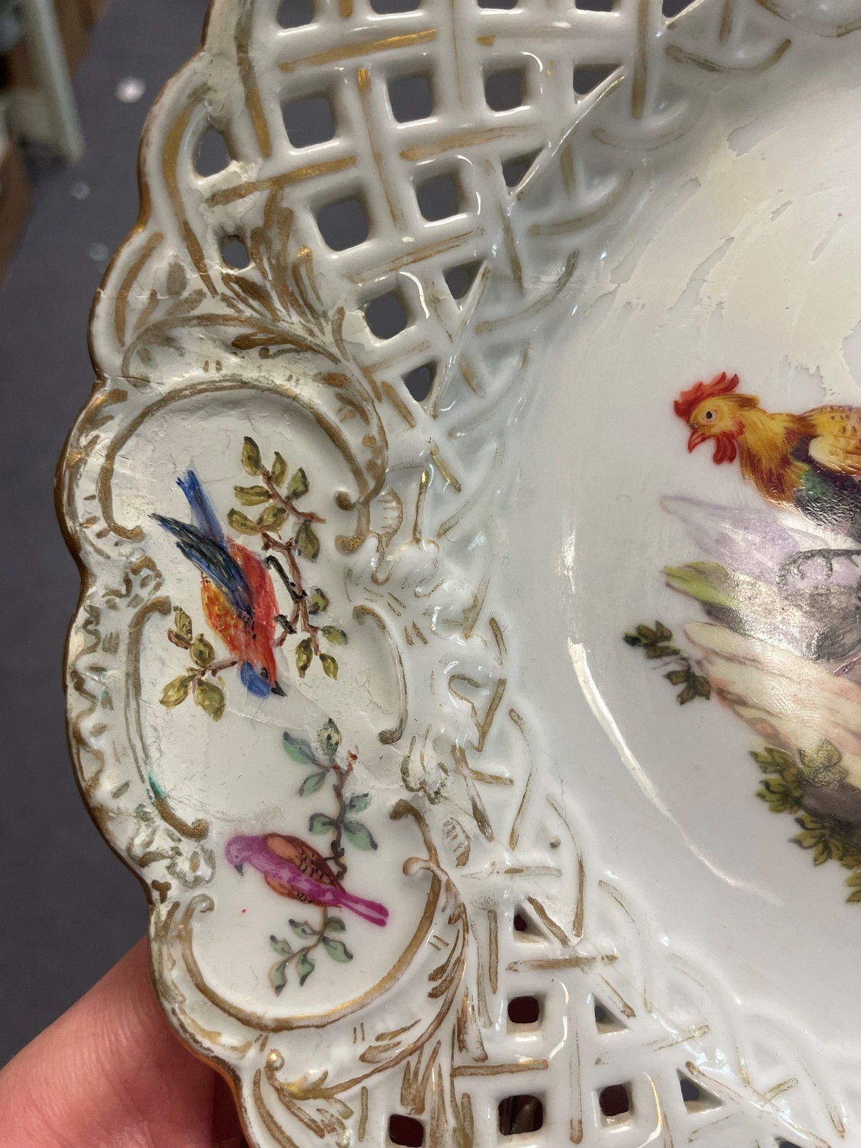 Eight Meissen ornithological pierced plates, late 19th Century, the lattice rims heightened in gilt, - Image 4 of 6