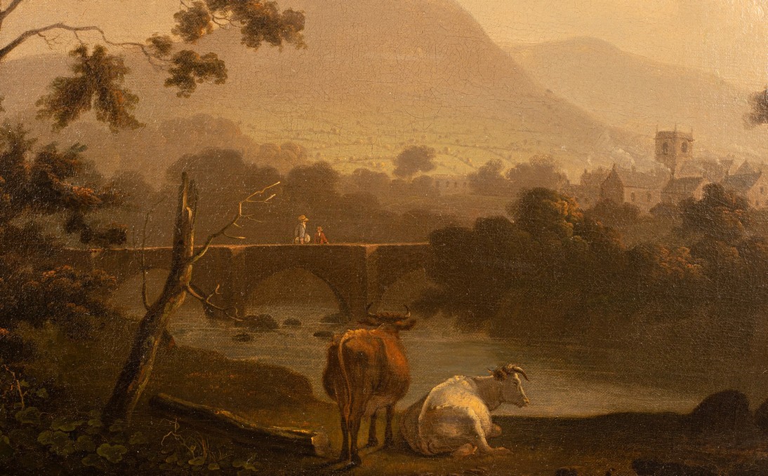 Circle of Julius Caesar Ibbetson (1759-1817)/View on the River Usk at Crickhowell /oil on canvas,