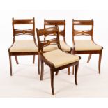 Four Regency mahogany single chairs, with fan-shaped splats inlaid satinwood ovals,