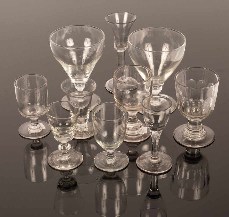 Two large plain rummers, 15cm high and assorted drinking glasses,