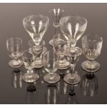 Two large plain rummers, 15cm high and assorted drinking glasses,
