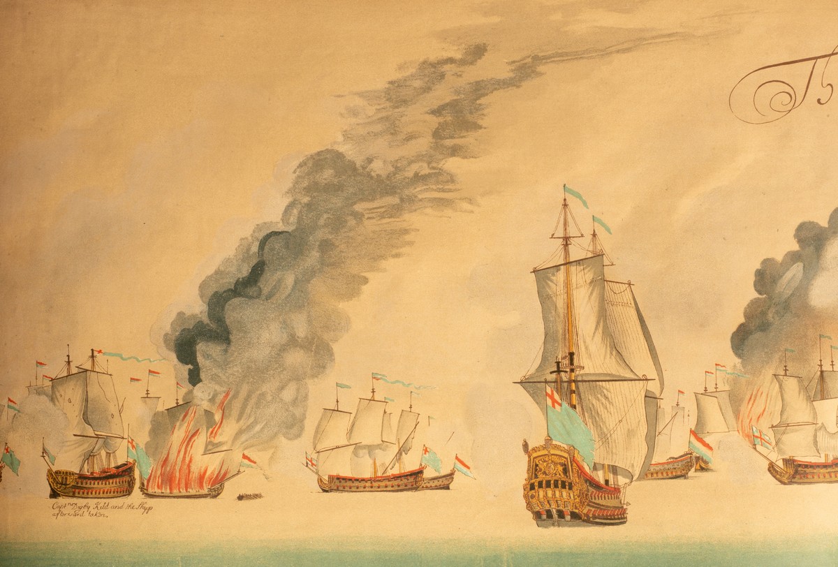 A series of ten marine panorama prints relating to the first naval battle of the third Anglo-Dutch