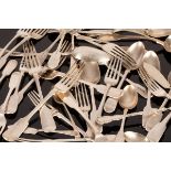 A quantity of fiddle pattern silver flatware, Georgian and later, comprising three tablespoons,