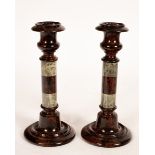 A pair of Victorian Cornish serpentine candlesticks,
