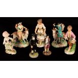 Five Derby porcelain figures, Tailor and Wife on goats, Summer and Autumn and 'Dr Syntax,