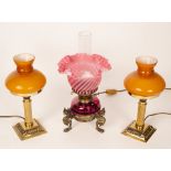 A Victorian opaque pink glass oil lamp with brass griffin support,