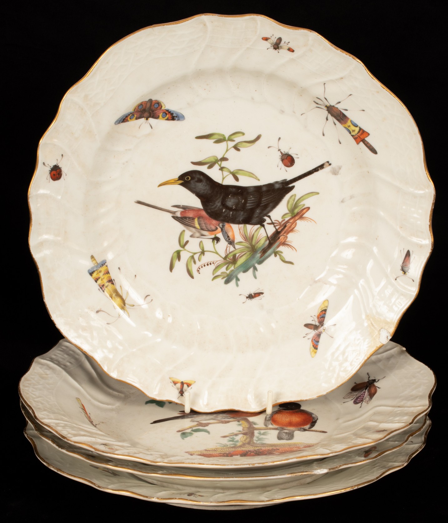 Four Meissen neu Brandenstein pattern ornithological plates, early 19th Century,