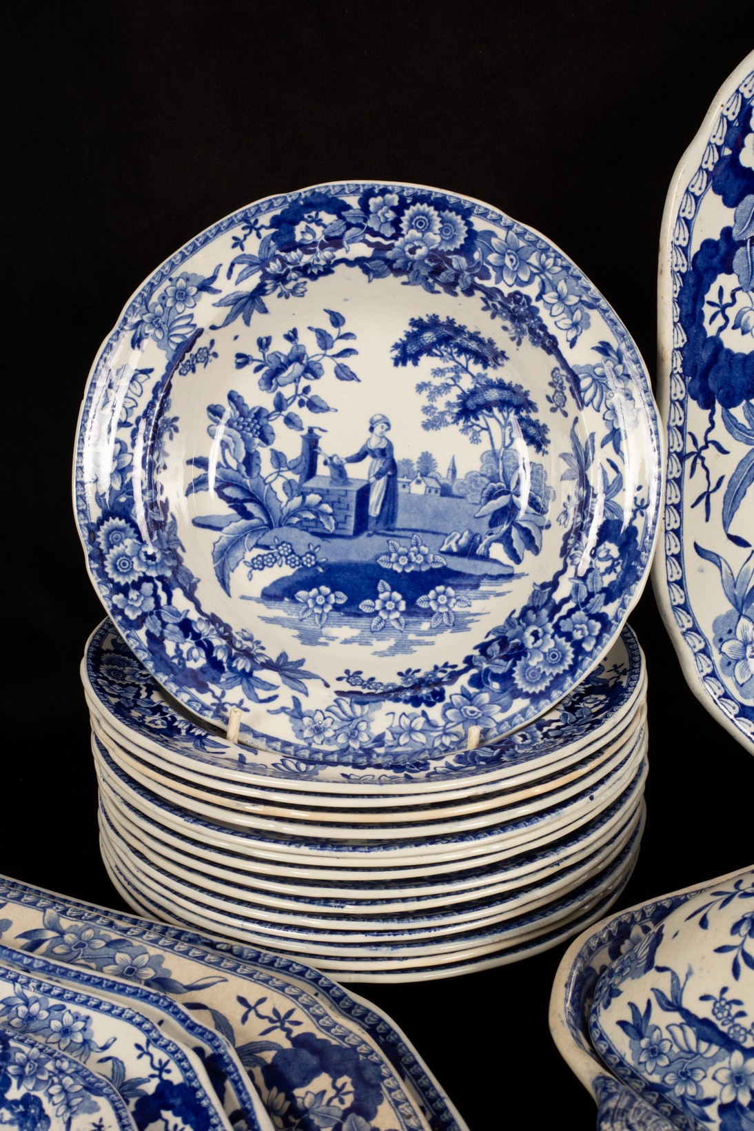 A Heath pottery Girl at the Well pattern part dinner service, comprising a tree and well meat plate, - Image 2 of 3