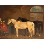 English School, 19th Century/Military Horses in a Stable/oil on panel,