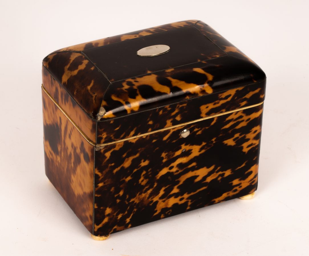 A late 18th Century rectangular tortoiseshell tea caddy on ivory bun feet,