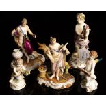A Meissen figure of a cherub playing a lyre, circa 1760, and four Meissen style figures,