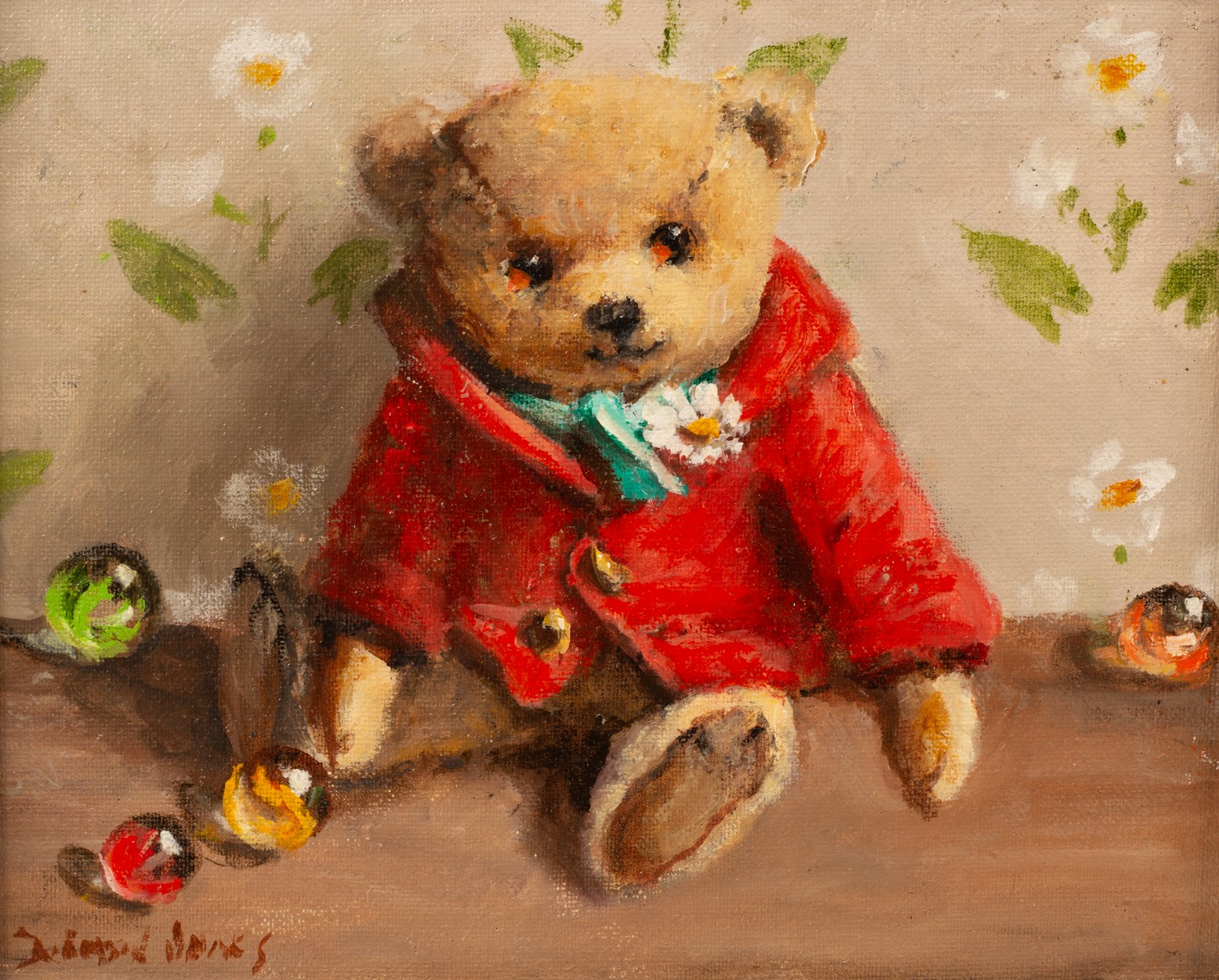 Deborah Jones (1921-2012)/Teddy Bear/wearing a red coat/signed lower left/oil on canvas,