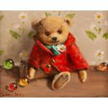 Deborah Jones (1921-2012)/Teddy Bear/wearing a red coat/signed lower left/oil on canvas,