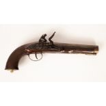 A flintlock duelling pistol with a chequered and carved walnut stock, engraved metal mounts,