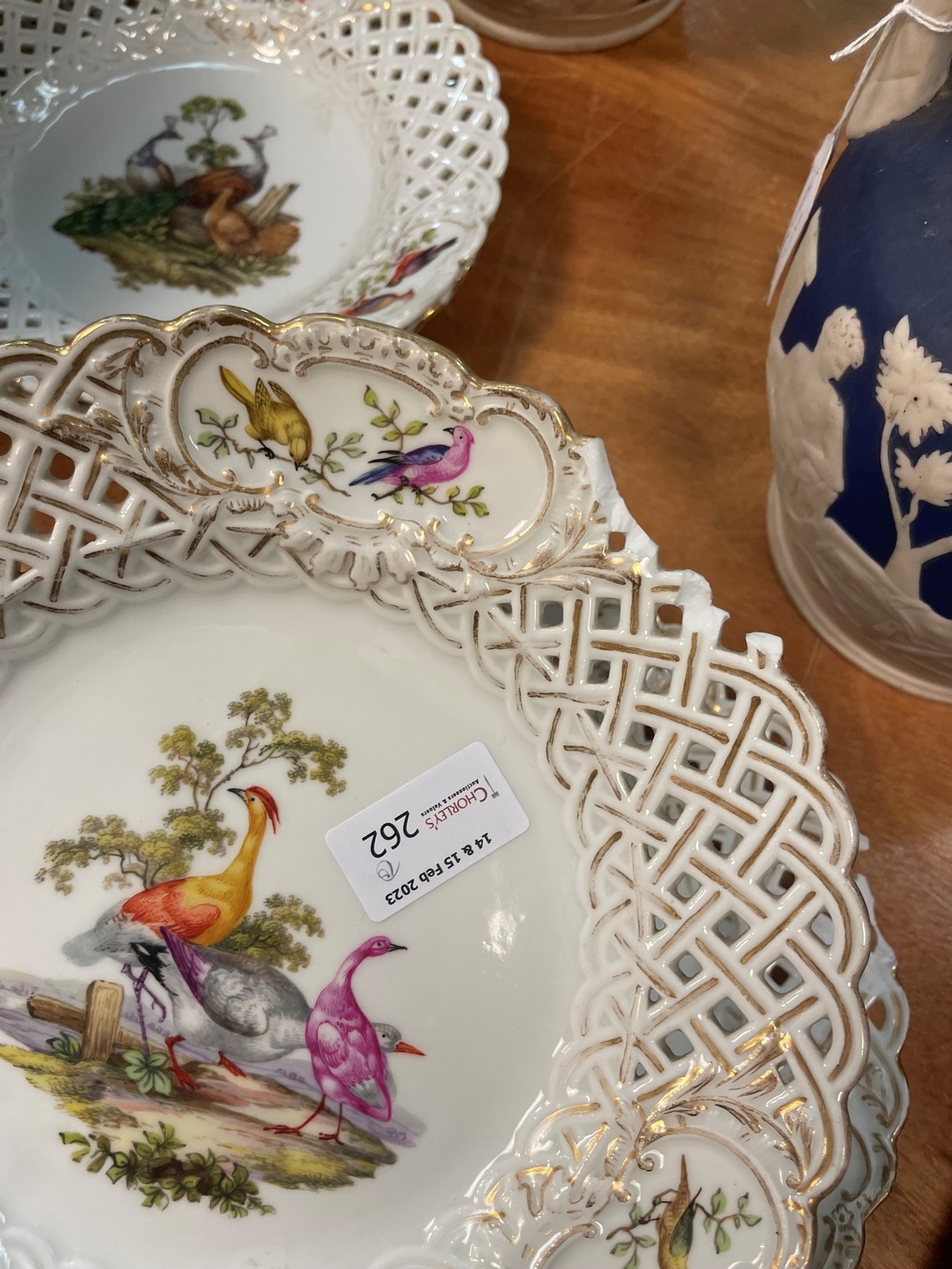 Eight Meissen ornithological pierced plates, late 19th Century, the lattice rims heightened in gilt, - Image 2 of 6