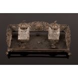 A tortoiseshell and silver mounted inkstand and pen tray, HBA, London 1900,
