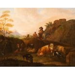 Manner of Nicholaes Berchem/Mountainous Landscape/with figures tending cattle,