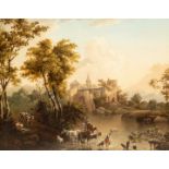 Flemish School, 19th Century/Cattle and Drover in a River/a castle beyond /oil on panel, 37.