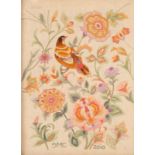 A crewel work picture depicting a bird amongst flowers, initialled JMC, dated 2000,